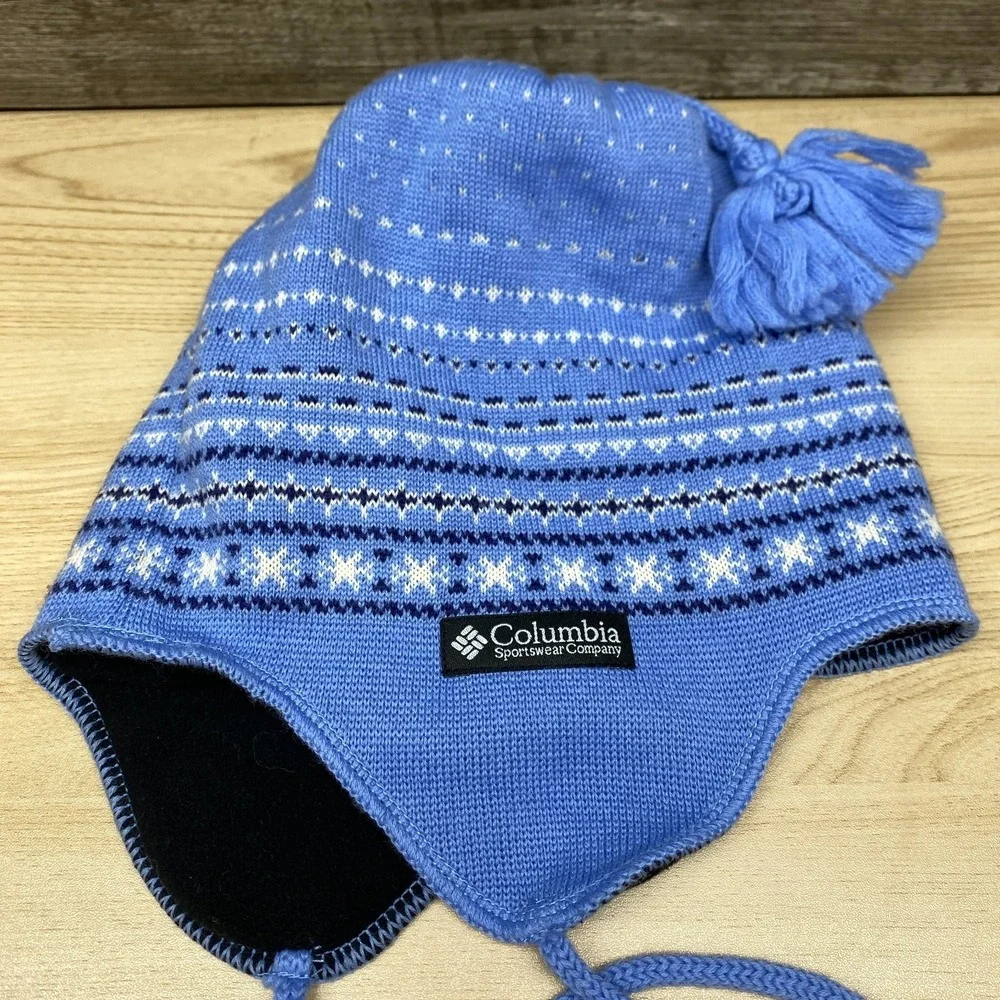 Vintage Columbia Hat Beanie Blue Snowflake Fair‎ Isle Fleece Lined Peruvian